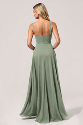 Eukalyptus Chiffon A Linie Langes Brautjungfernkleid mit Schlitz